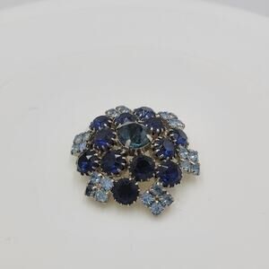 Vintage Blue Sapphire Rhinestone Layered Dome Brooch Pin